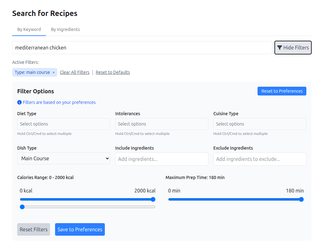 Search interface with recipe cards and filter options for finding recipes