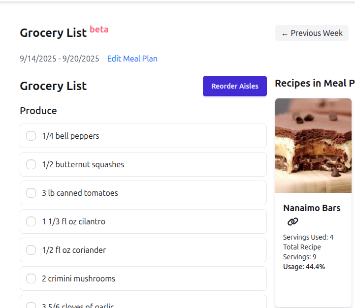 Digital shopping list interface with organized categories and shopping cart