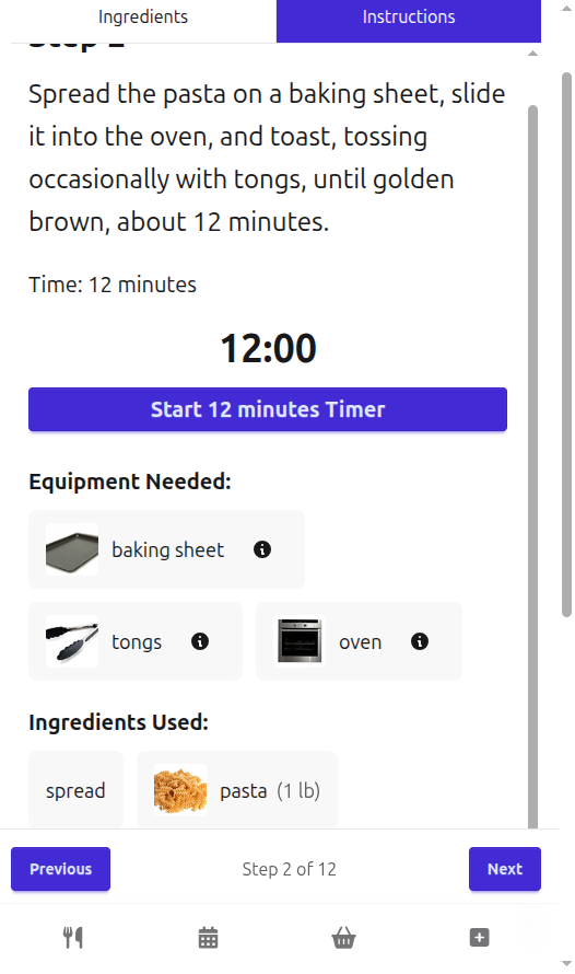 Device screen showing step-by-step cooking interface with timer and ingredients