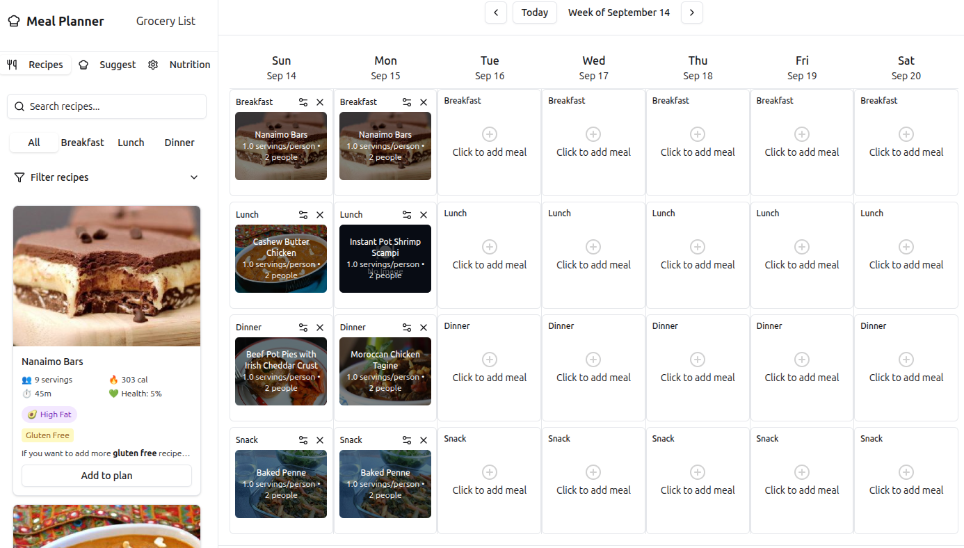 Weekly calendar grid with colorful meal icons showing personalized meal planning interface